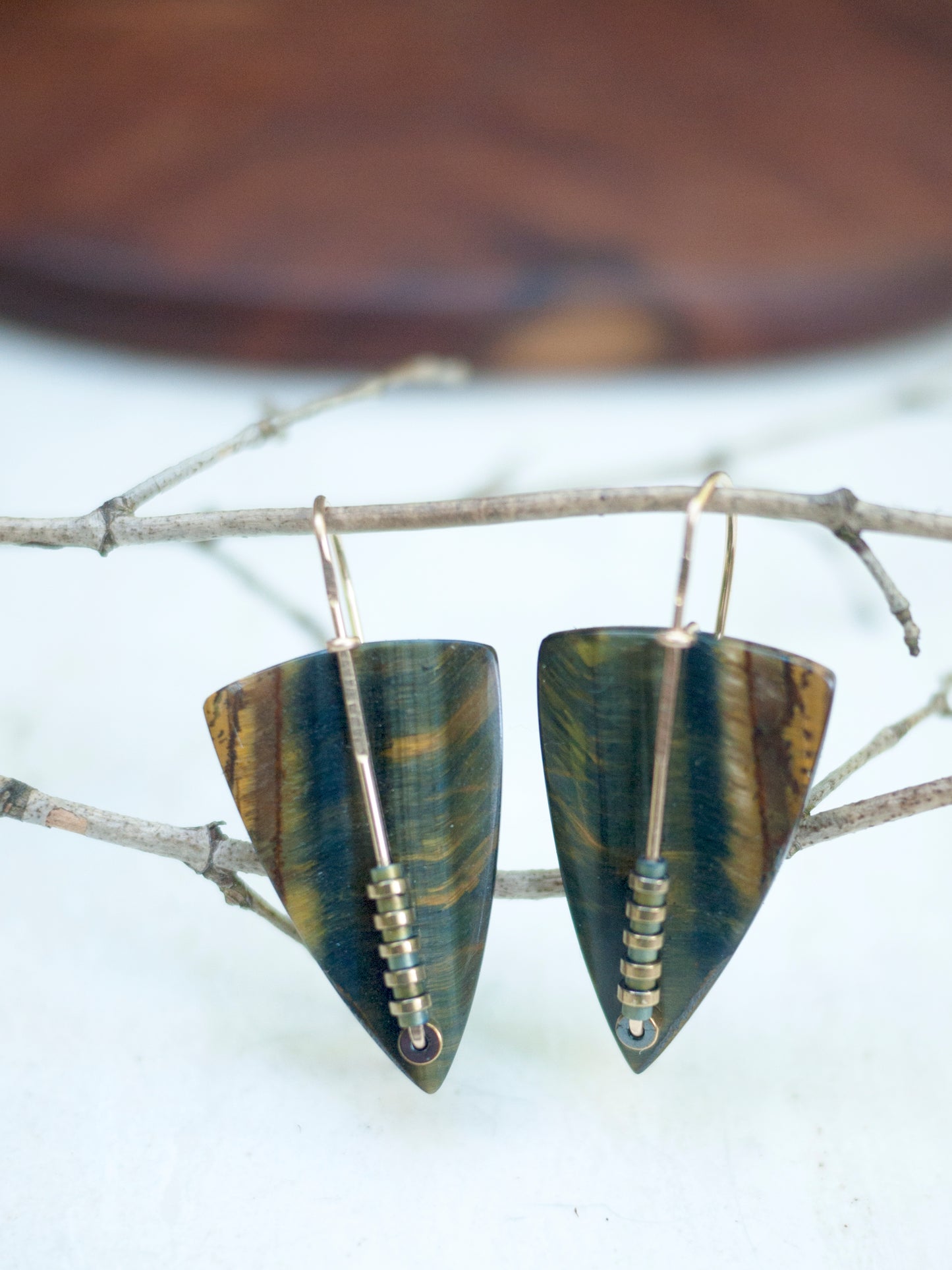 Blue Tigers Eye Triangle Drop Earrings