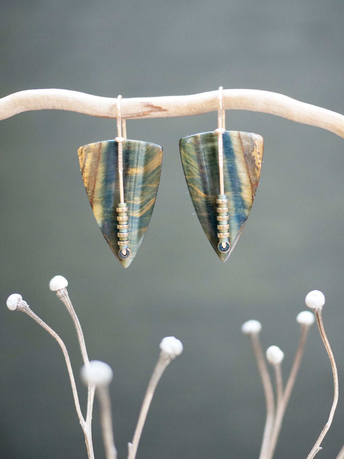 Blue Tigers Eye Triangle Drop Earrings