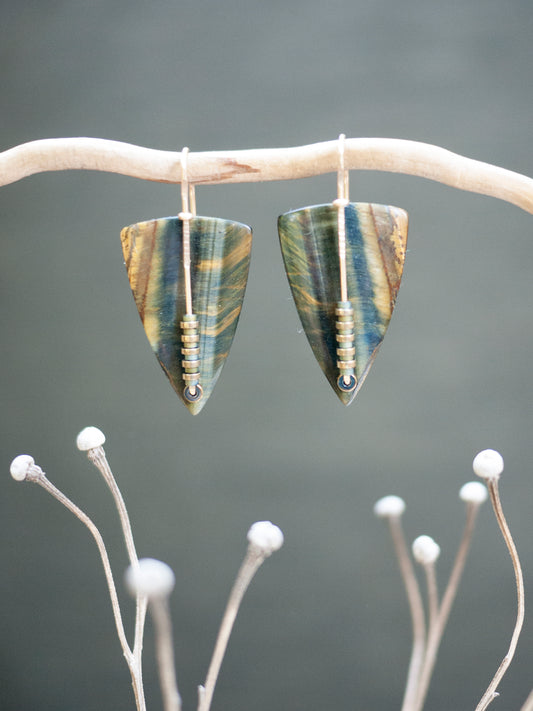 Blue Tigers Eye Triangle Drop Earrings