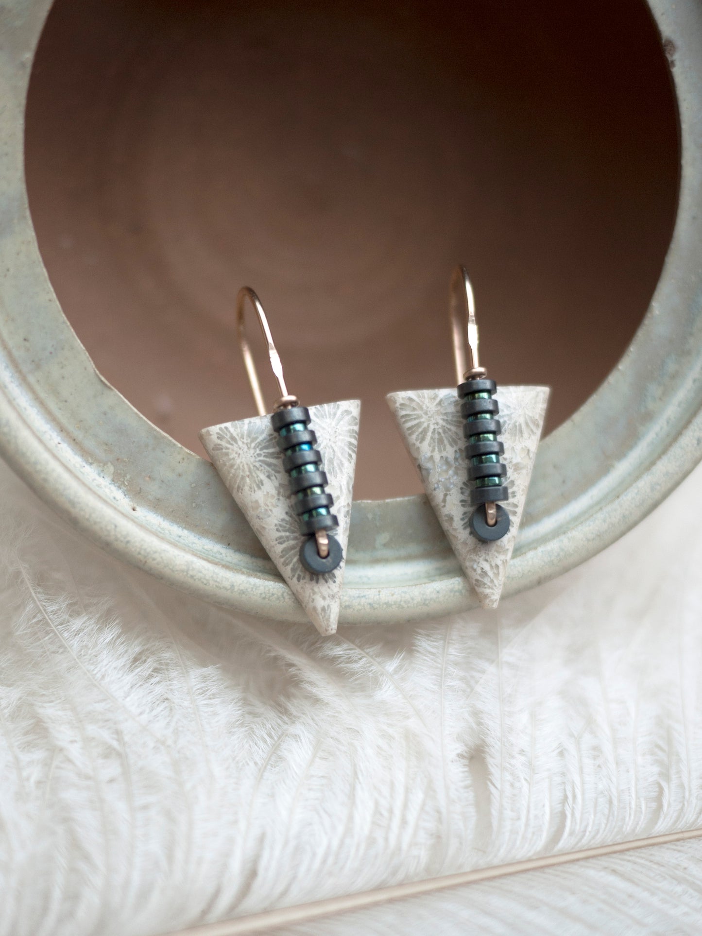 Triangle Spear Fossil Coral Earrings