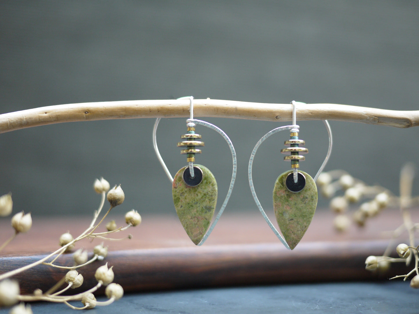 Unakite Sculptural Leaf Earrings