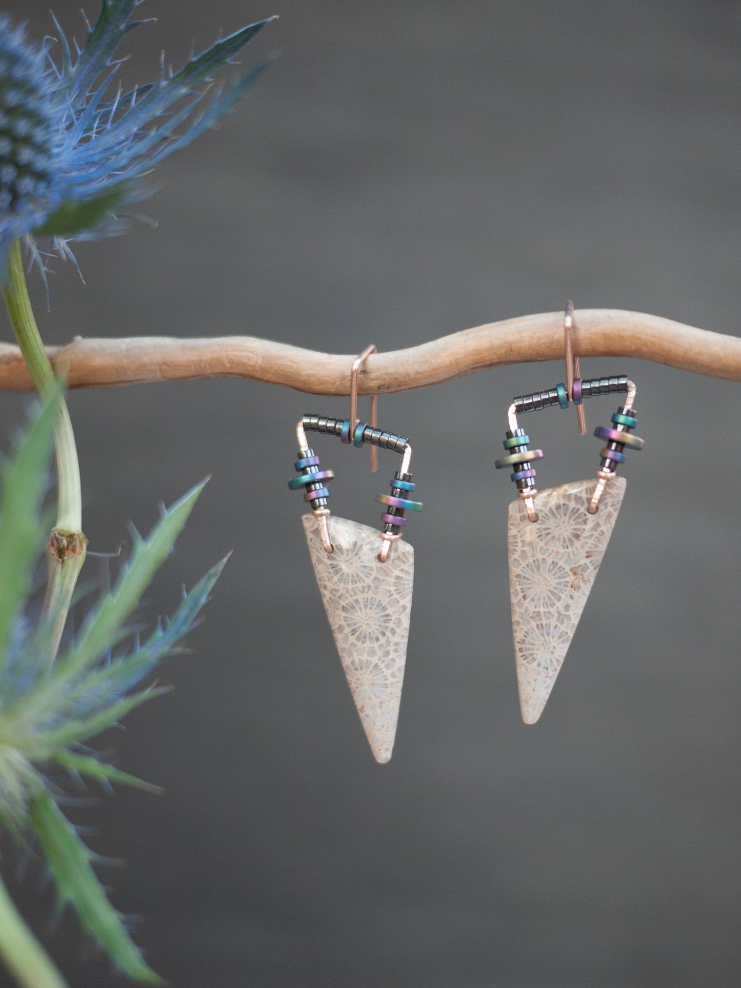 Fossil Coral Triangle Dangle Earrings