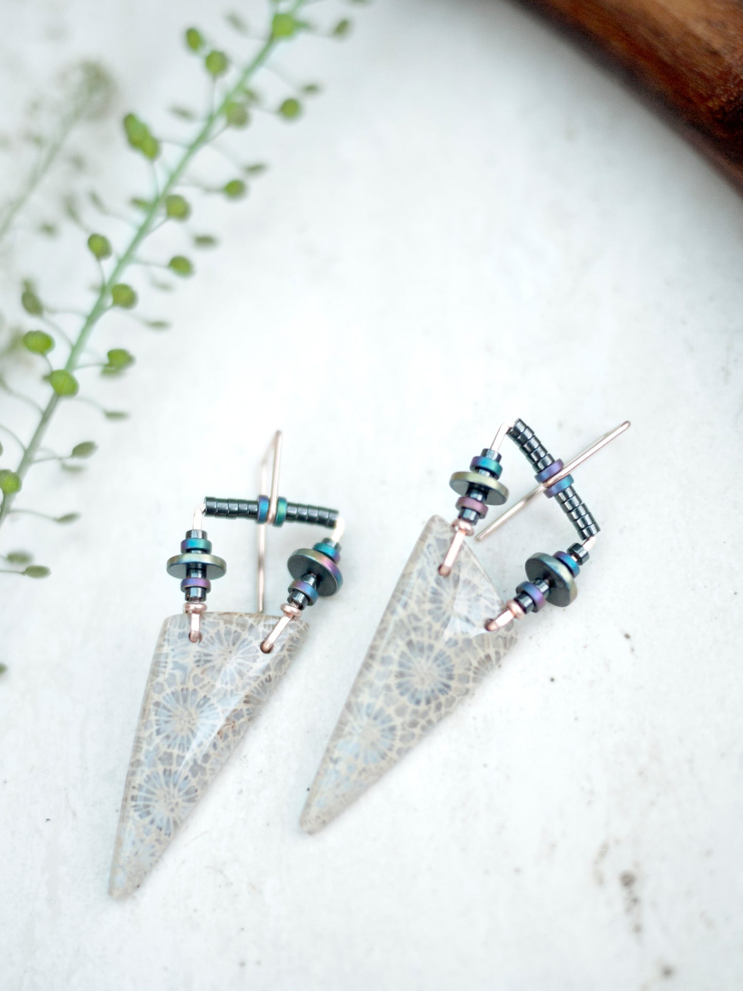 Fossil Coral Triangle Dangle Earrings