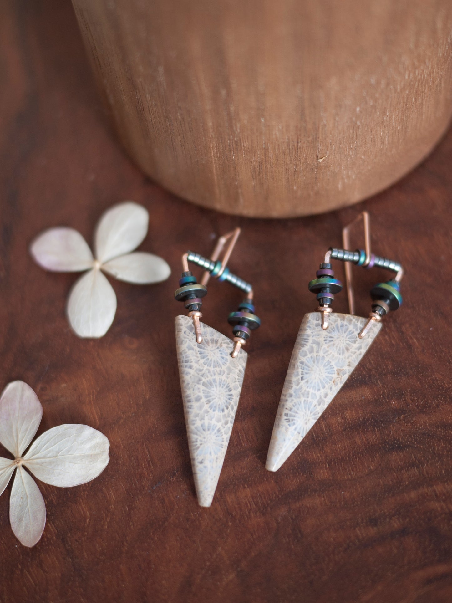Fossil Coral Triangle Dangle Earrings
