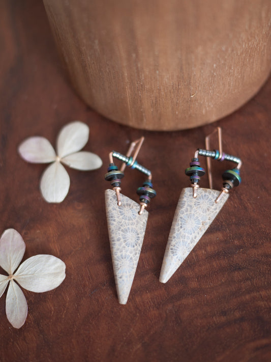 Fossil Coral Triangle Dangle Earrings