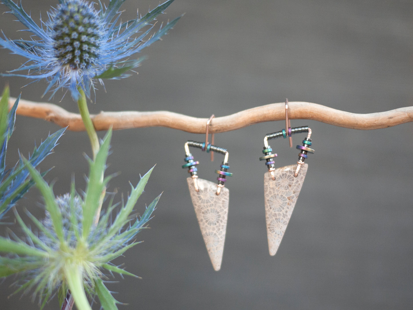 Fossil Coral Triangle Dangle Earrings