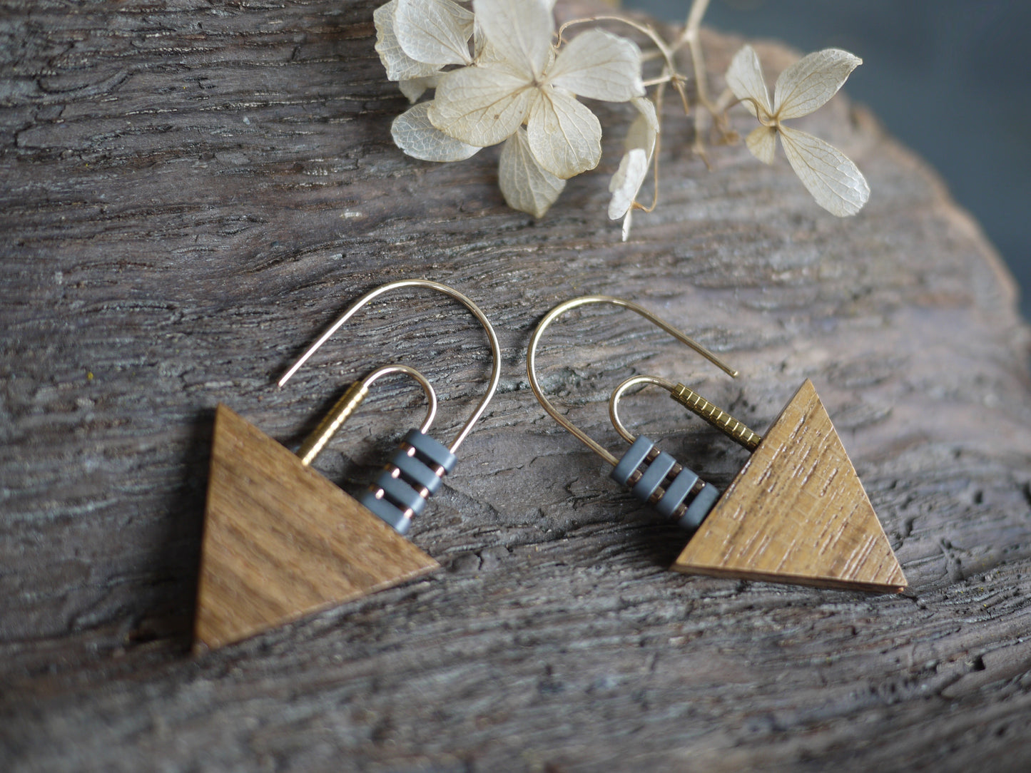 Geometric Wood and Hematite Earrings