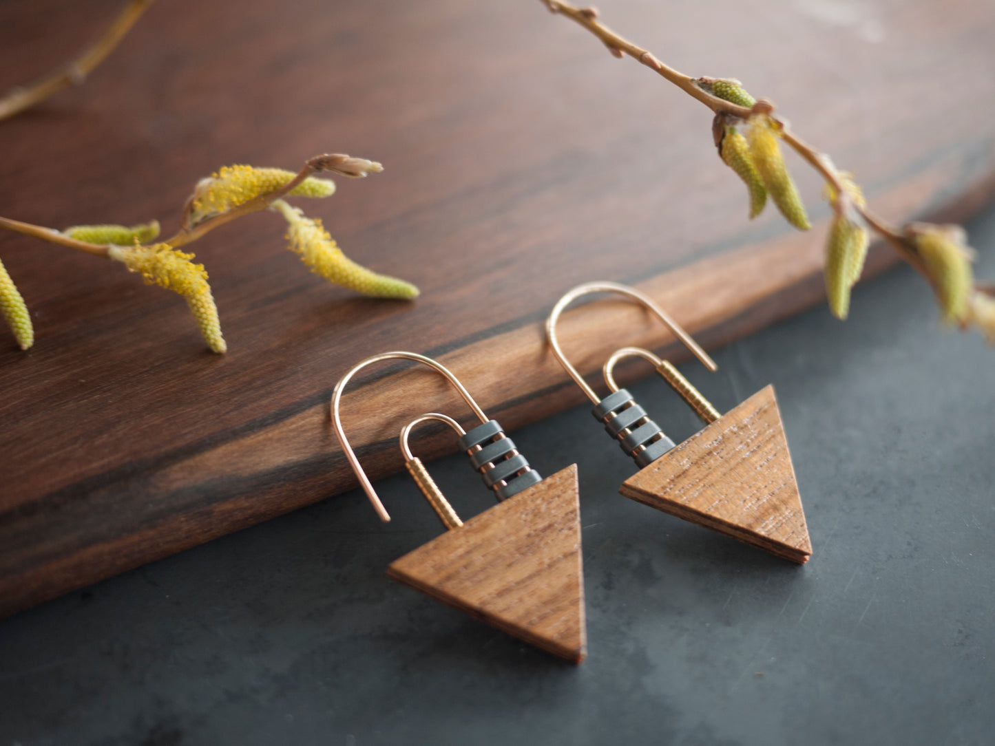 Geometric Wood and Hematite Earrings