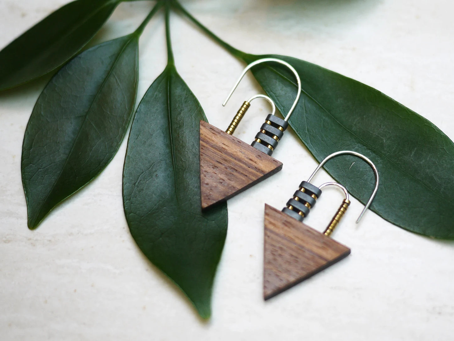 Geometric Wood and Hematite Earrings