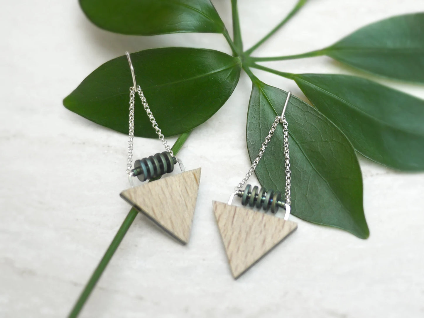 Modern Wood Triangle and Hematite Earrings