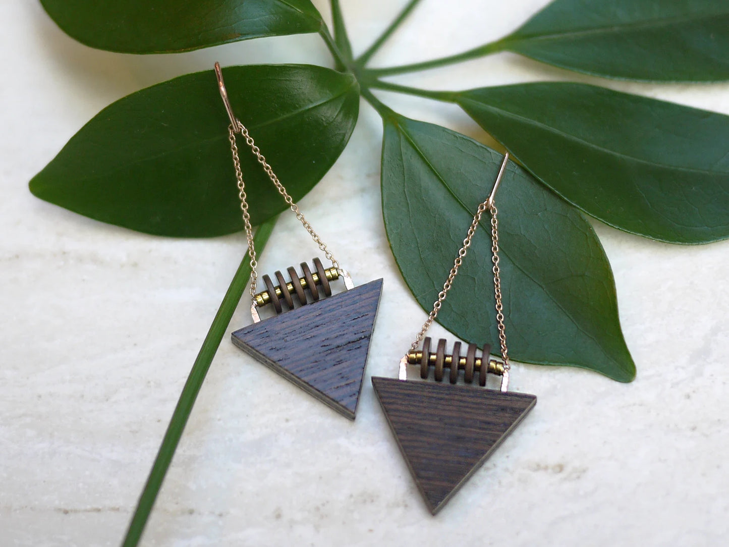Modern Wood Triangle and Hematite Earrings