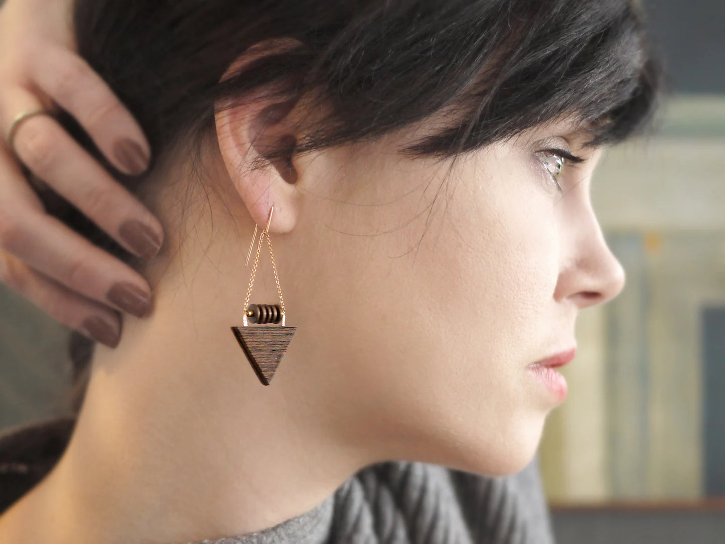Modern Wood Triangle and Hematite Earrings