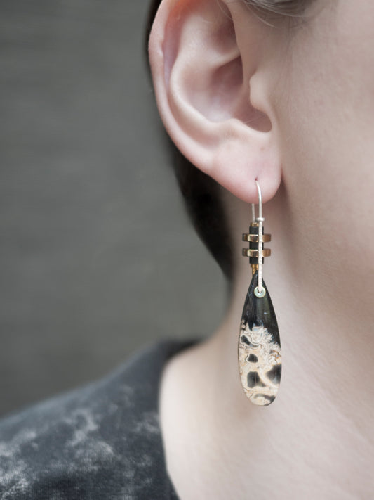 Long Petrified Palm Wood Teardrop Earrings