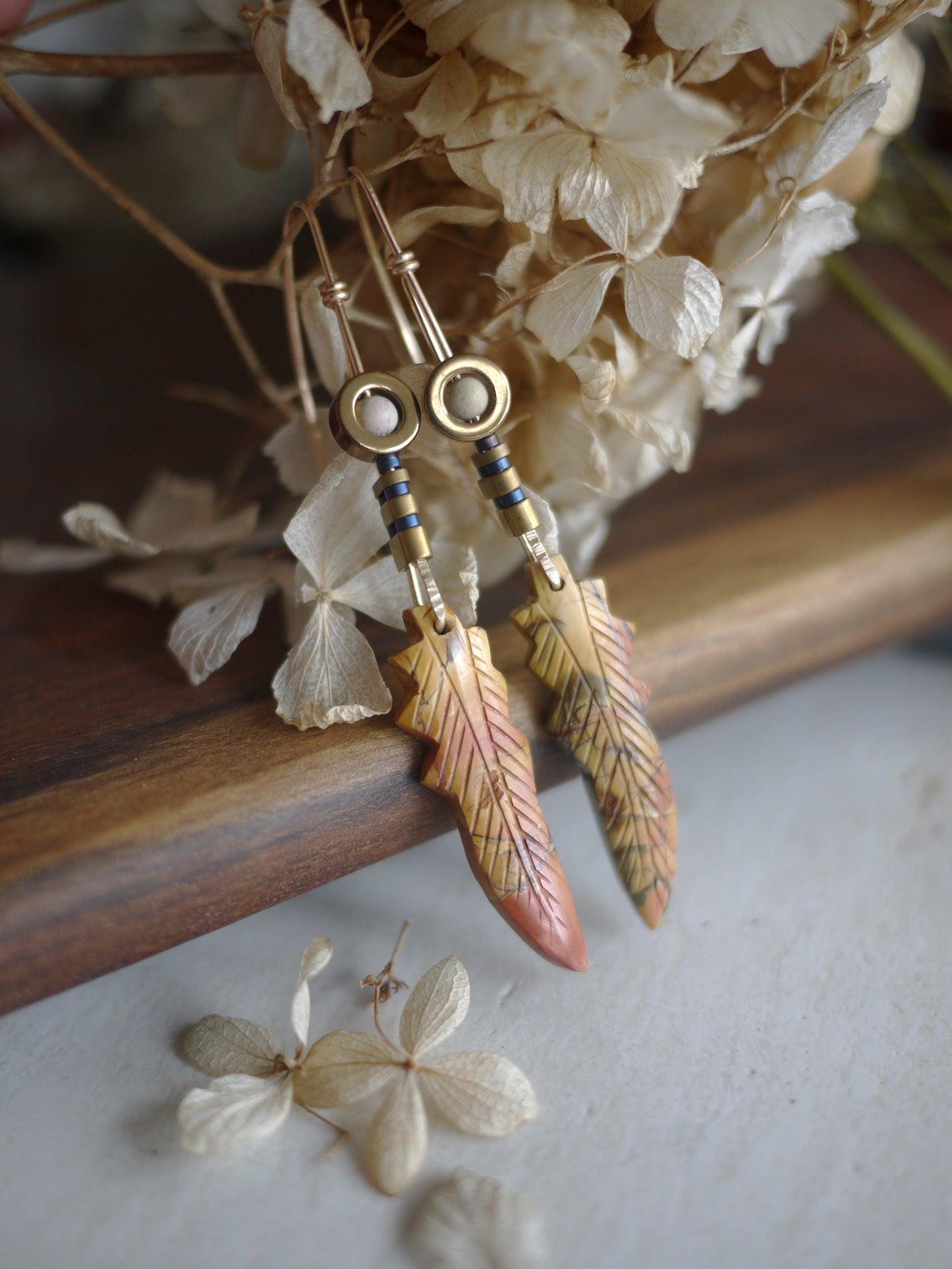 Picasso Jasper Feather Earrings in Yellow Gold Fill