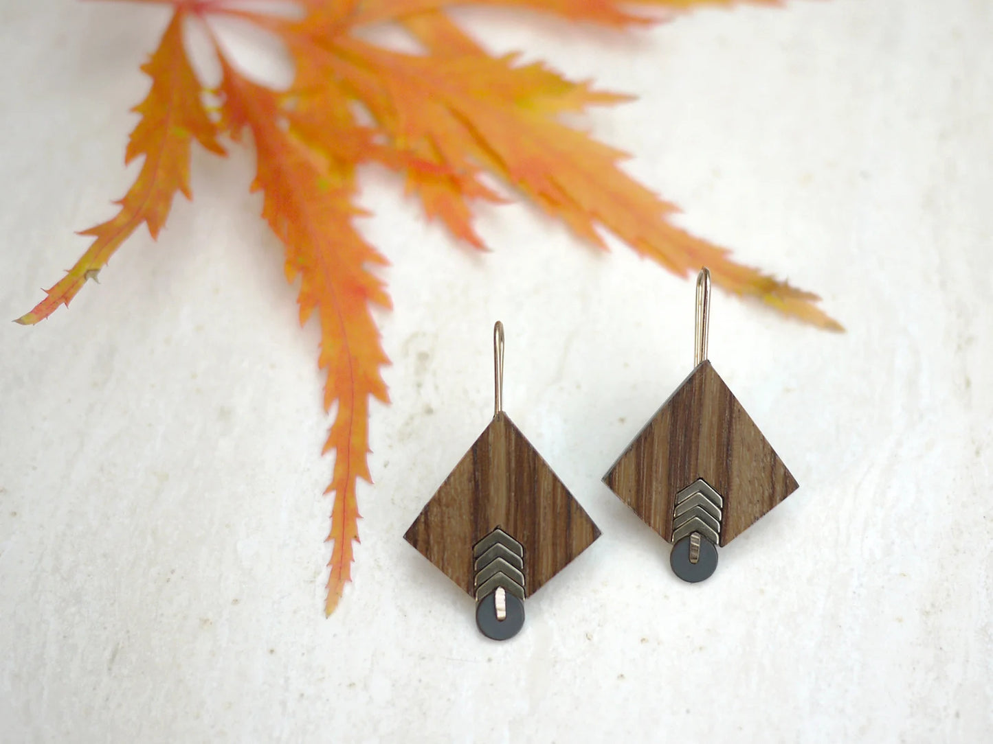 Modern Diamond Wood Drop Earrings