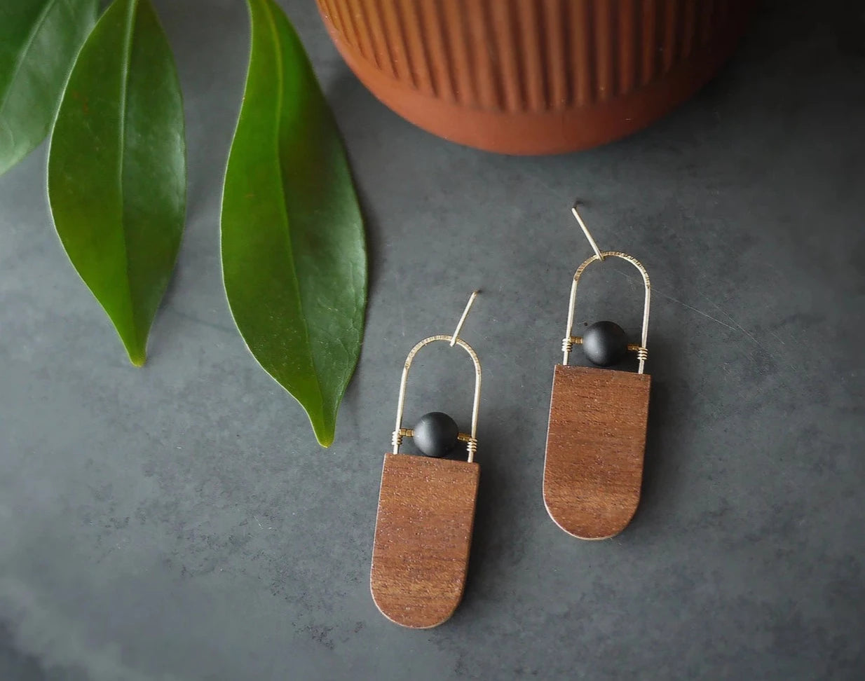 Minimalistic Wood & Black Onyx Earrings