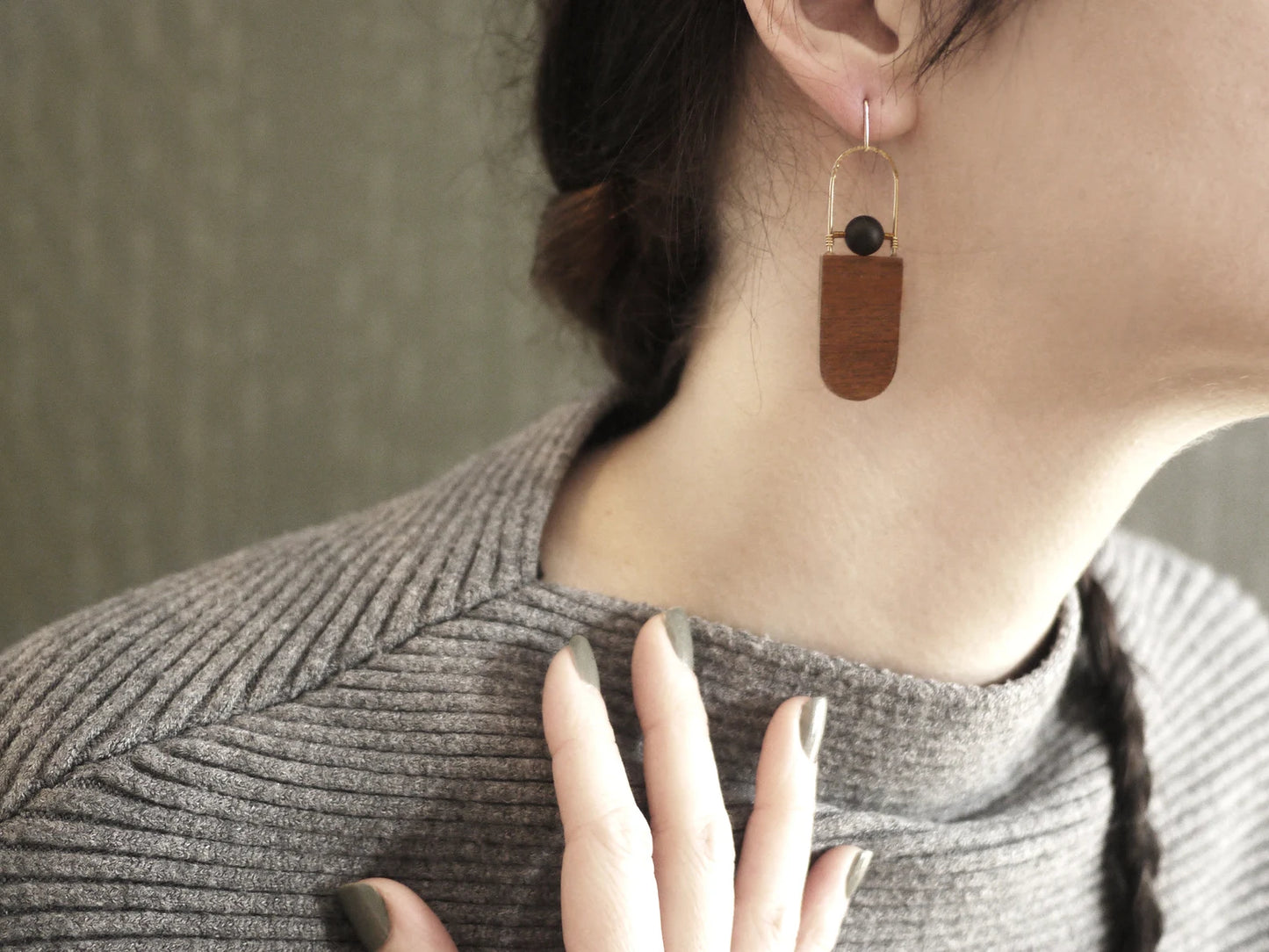 Minimalistic Wood & Black Onyx Earrings